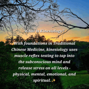 Sunset over the Dandenong Ranges with an introduction explaining that kinesiology uses muscle monitoring as part of the session process to explore physical, mental, emotional and spiritual wellbeing.